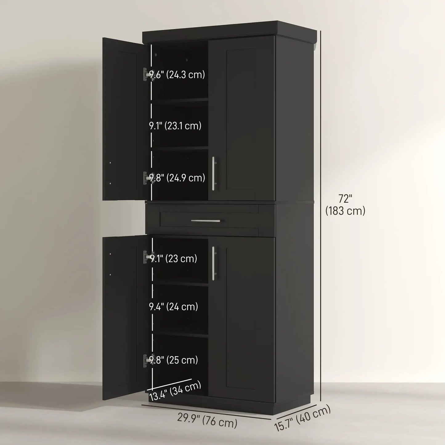 72 Storage Cabinet, 4 Doors, Drawer, 3 Adjustable Shelves, Black Kitchen Pantry Cabinets at Gallery Canada