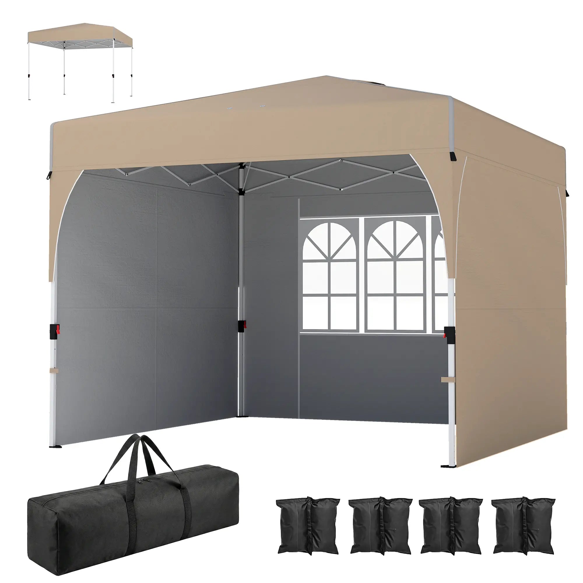 9.6 x 9.6 ft Pop Up Canopy Tent, 3 Sidewalls, UPF 50+, Khaki Pop Up Canopies Khaki, White at Gallery Canada