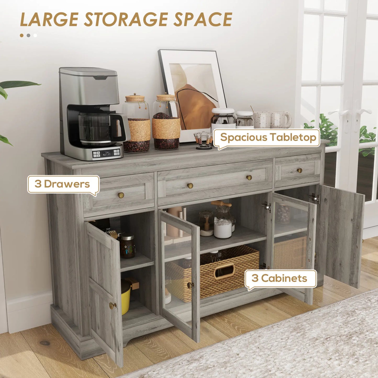 Sideboard Buffet Cabinet, Coffee Bar with Glass Doors, Adjustable Shelves, Weathered Grey Oak, Grey Bar Cabinets at Gallery Canada