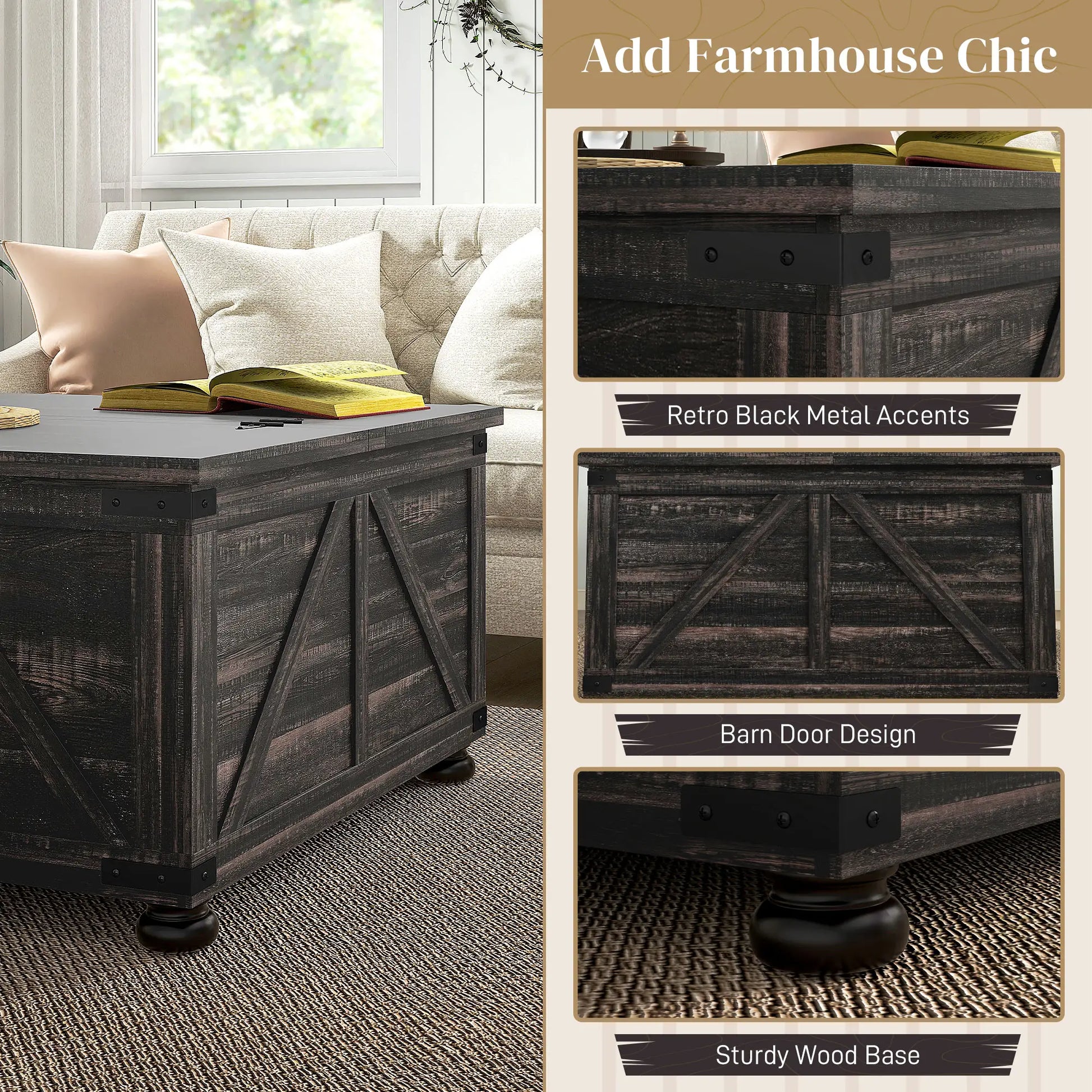 Farmhouse Coffee Table, Square Flip-Top Lid, Hidden Storage, Distressed, Brown Coffee Tables at Gallery Canada