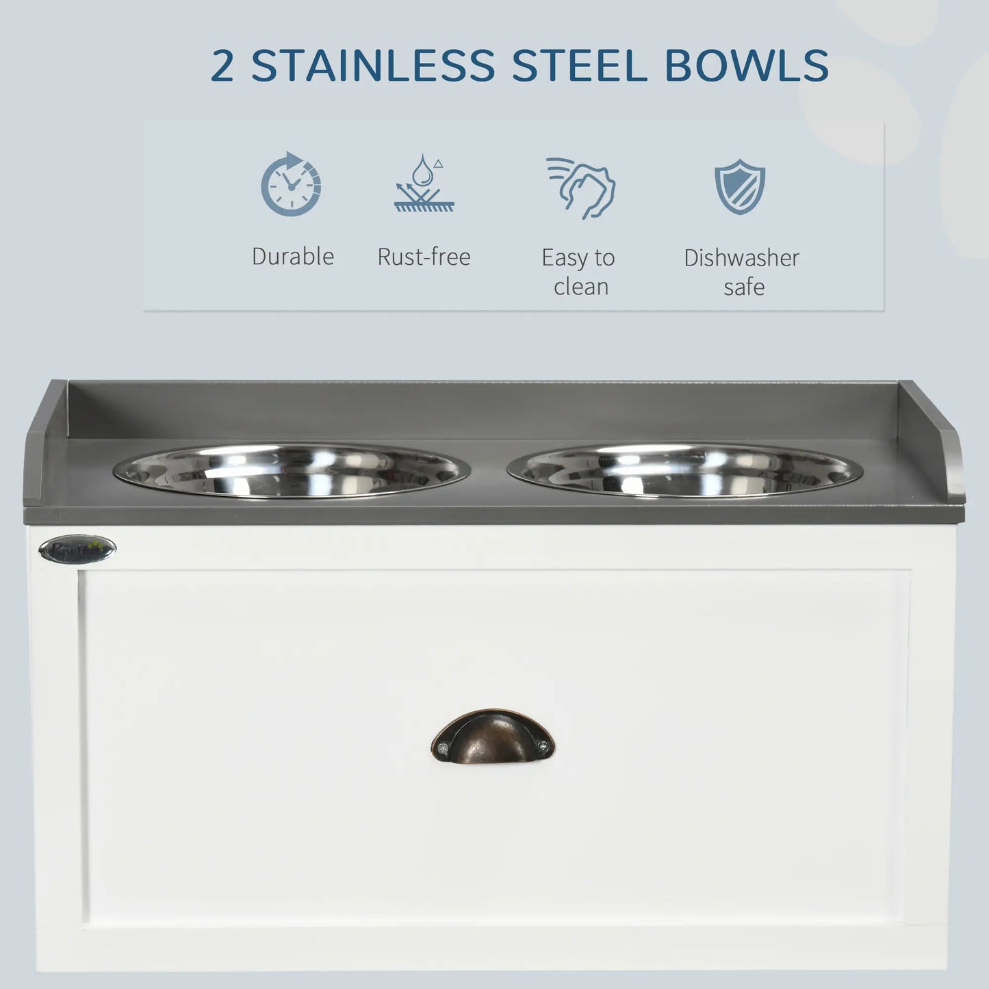 Station d'alimentation pour chiens surélevée, 2 bols en acier inoxydable, 23,6"x11,8"x14,2", blanc