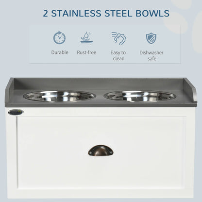 Station d'alimentation pour chiens surélevée, 2 bols en acier inoxydable, 23,6"x11,8"x14,2", blanc