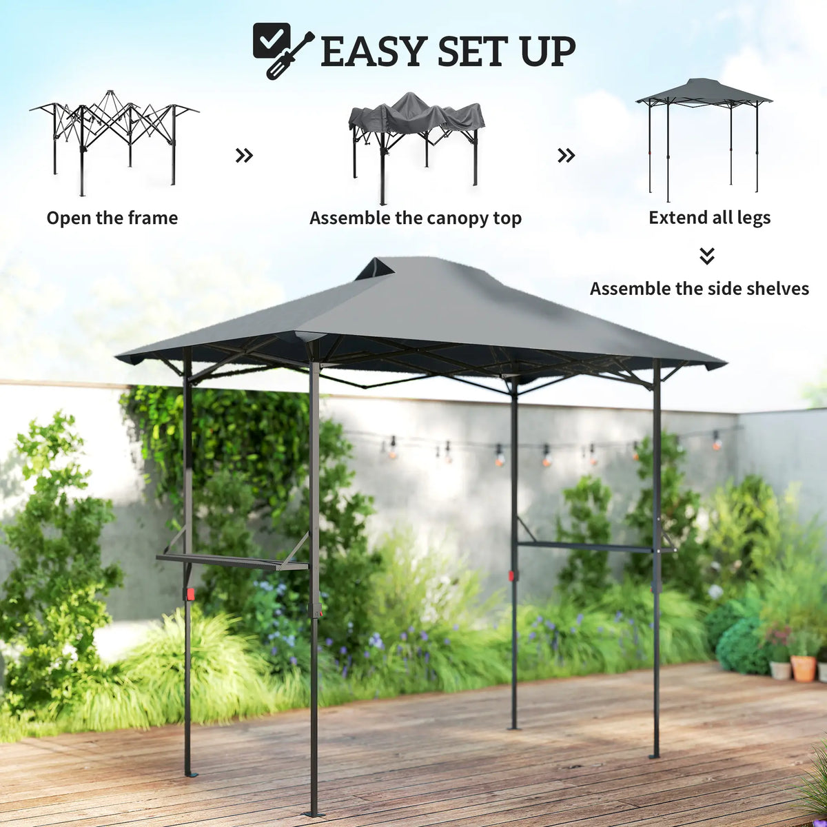 5 x 8.5 ft Pop Up Grill Gazebo, 2 Shelves, UPF 50+, Dark Grey