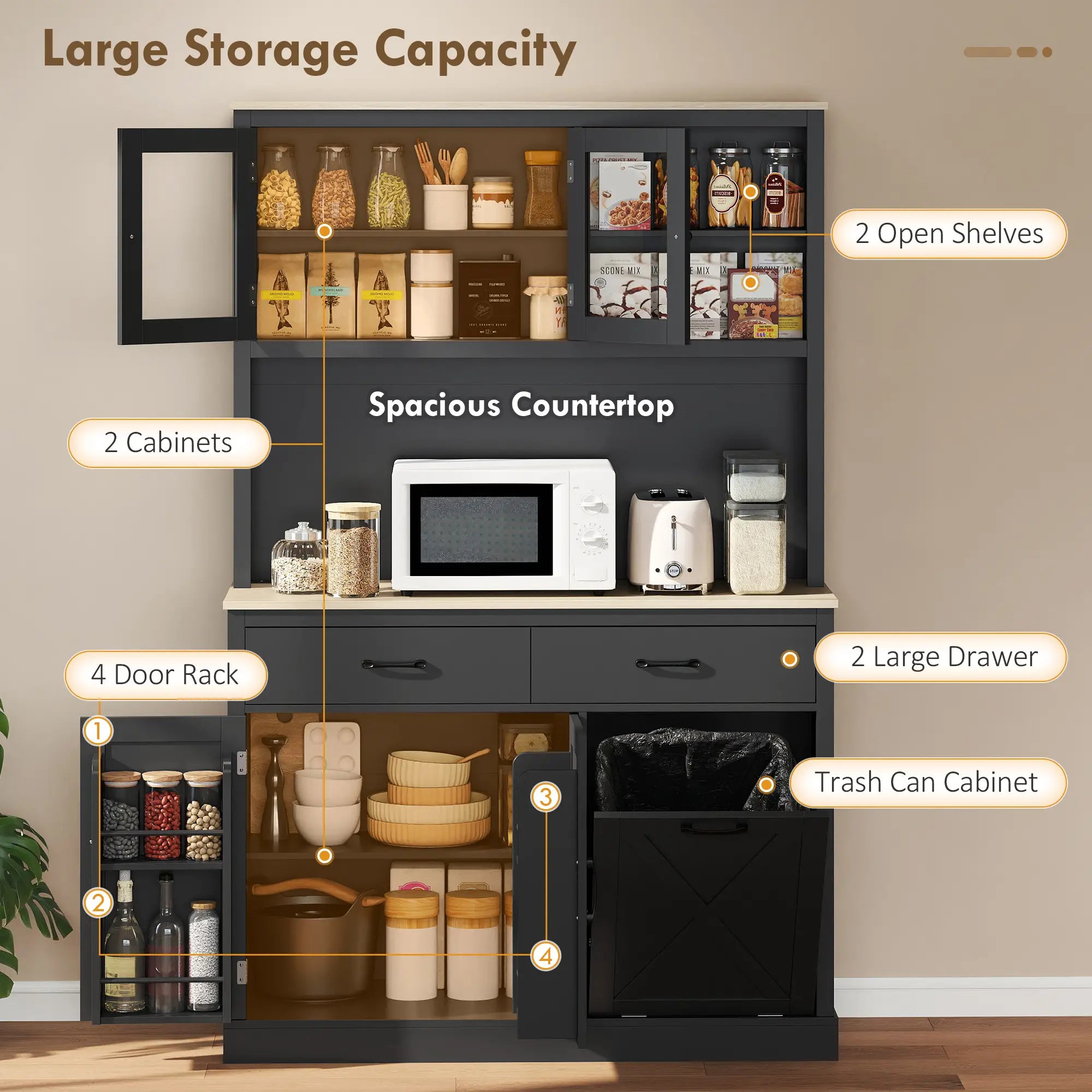 69 Inch Pantry Cabinet with Charging Station, Microwave Stand, Tilt-Out Trash Can, Black Kitchen Pantry Cabinets at Gallery Canada