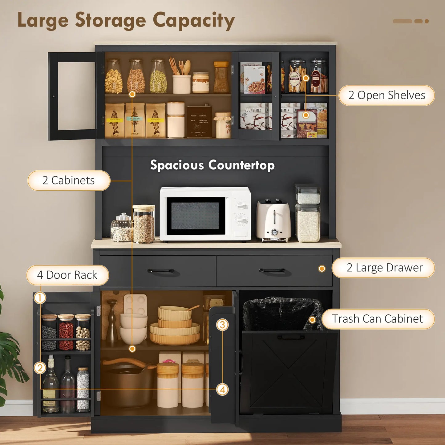 69 Inch Pantry Cabinet with Charging Station, Microwave Stand, Tilt-Out Trash Can, Black Kitchen Pantry Cabinets at Gallery Canada