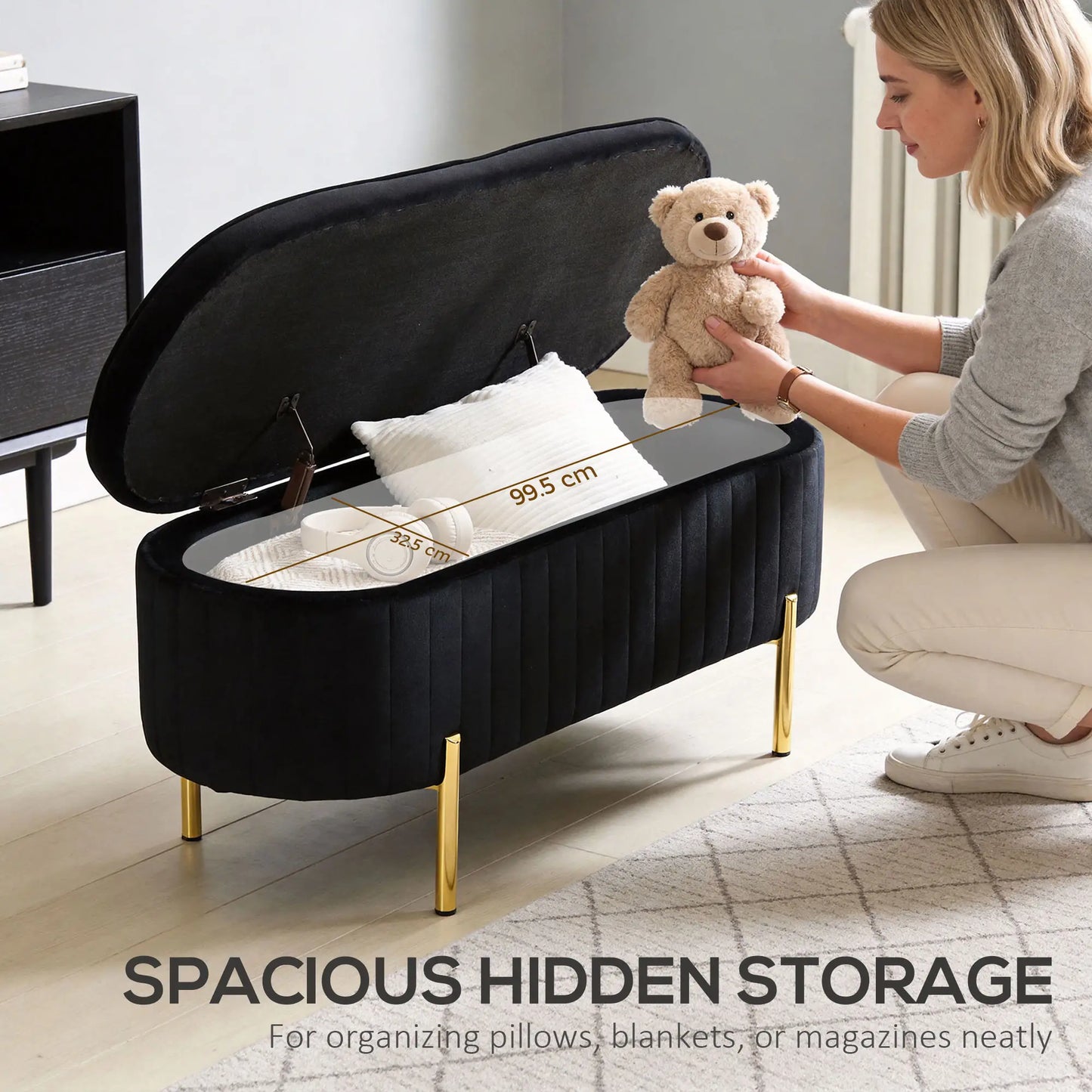 Upholstered Bedroom Bench, Channel Tufted Ottoman, Black Storage Ottomans & Benches at Gallery Canada