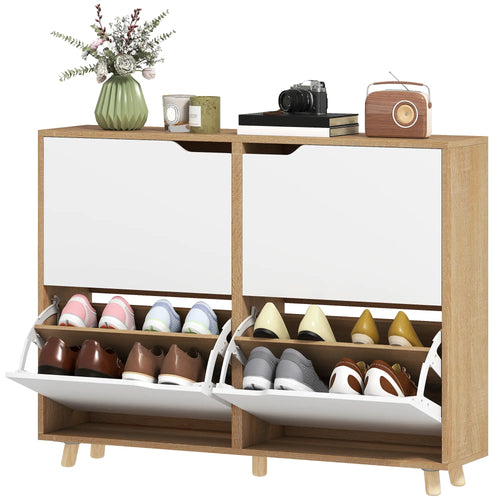 Narrow Shoe Cabinet, 4 Flip Drawers, Adjustable Shelves, Natural