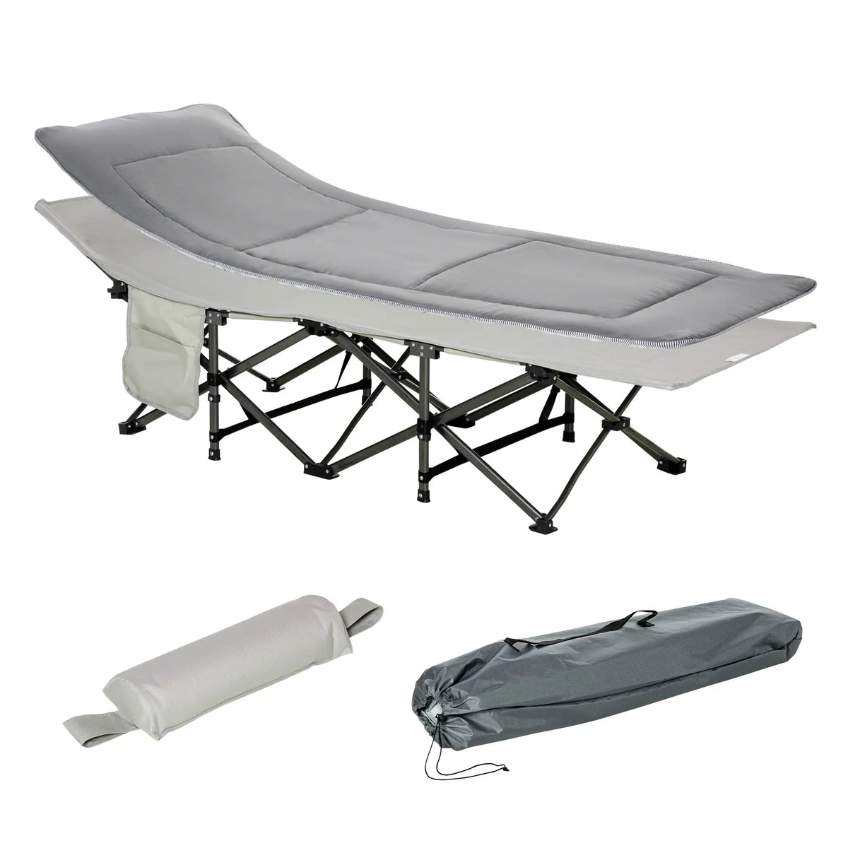 Folding Camping Cot with Mattress, Pillow, Double Layer Oxford, Carry Bag, Light Grey