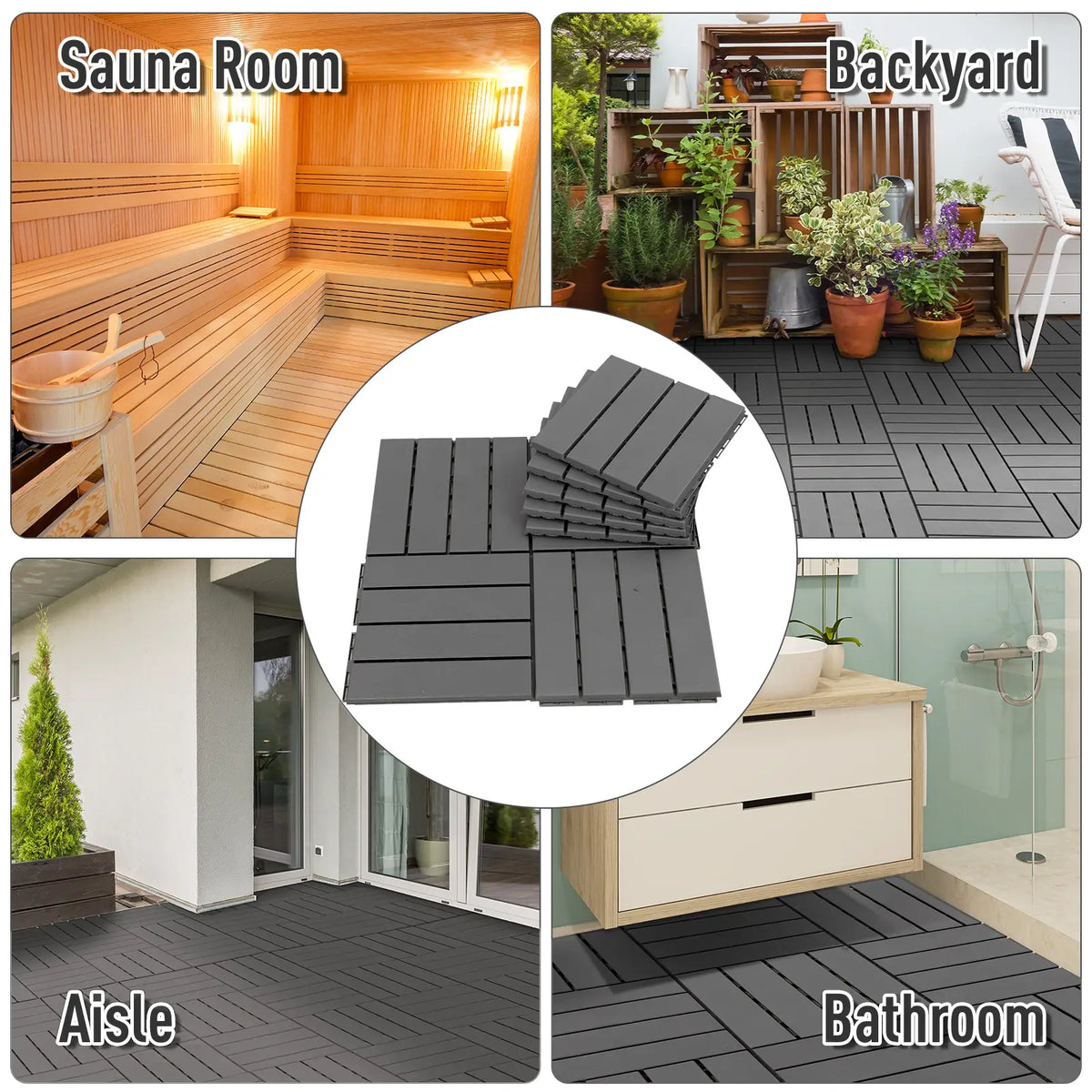 9 Pcs PP Interlocking Deck Tile, 12 x 12, Indoor Outdoor, Black Deck Tiles at Gallery Canada