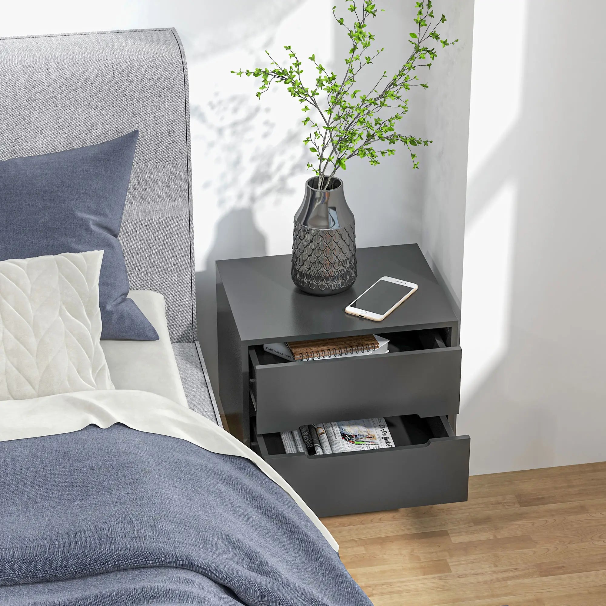 Modern Nightstand, Night Table with 2 Drawers, Bed End Table with Solid Wood Legs for Bedroom Bedside Tables at Gallery Canada