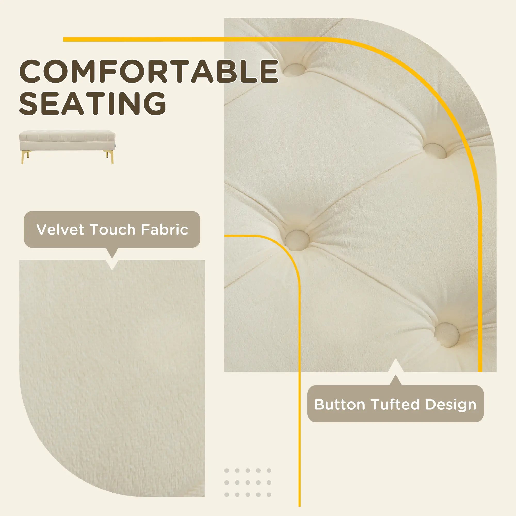 Upholstered End of Bed Bench, Button Tufted, Cream White Storage Ottomans & Benches at Gallery Canada