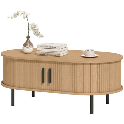 Coffee Table with Sliding Tambour Doors and Storage Center Table with Metal Legs, 39", Natural