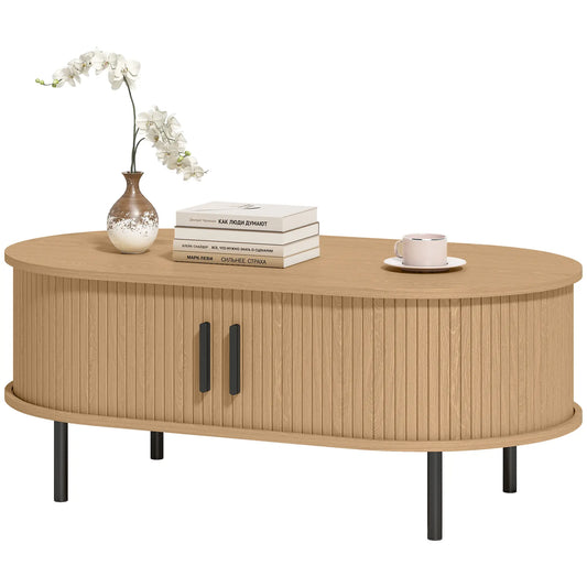 Coffee Table with Sliding Tambour Doors and Storage Center Table with Metal Legs, 39", Natural Coffee Tables Natural Wood, Black at Gallery Canada