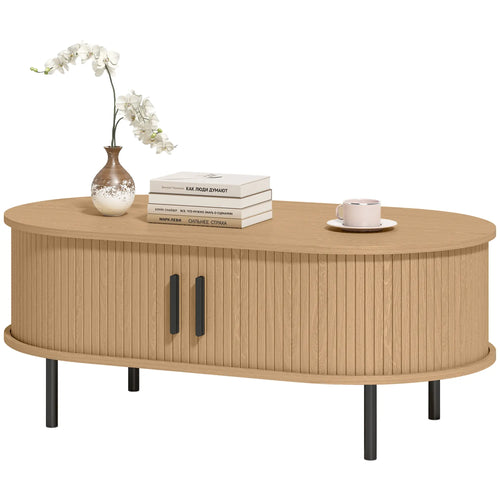 Coffee Table with Sliding Tambour Doors and Storage Center Table with Metal Legs, 39