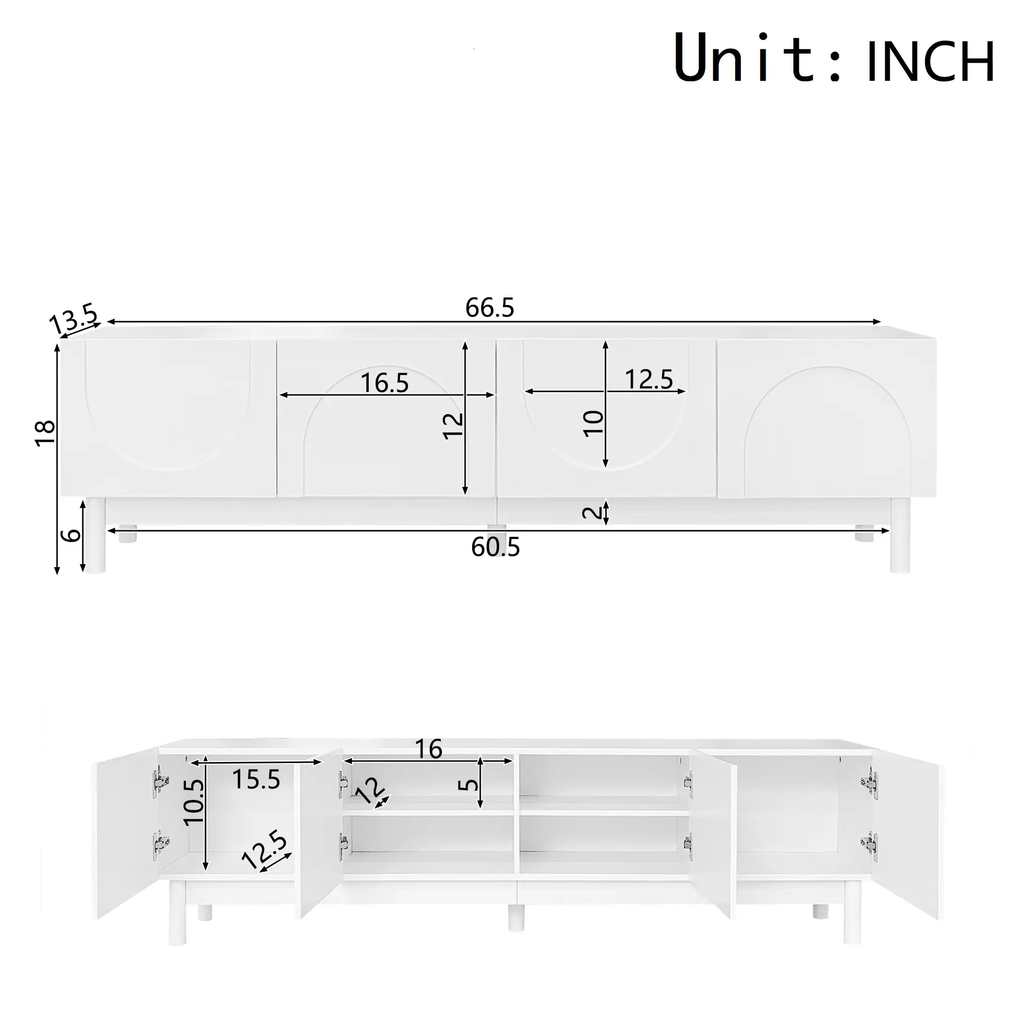 TV Stand, Wave Shaped Doors, Sturdy Legs, 66.5
