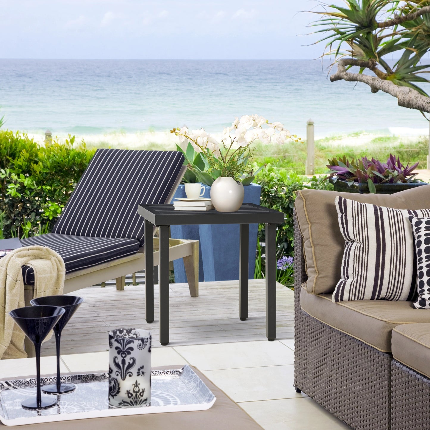 Outdoor Side Table, Patio End Table with Umbrella Hole, Steel Frame, Black Patio Side Tables at Gallery Canada