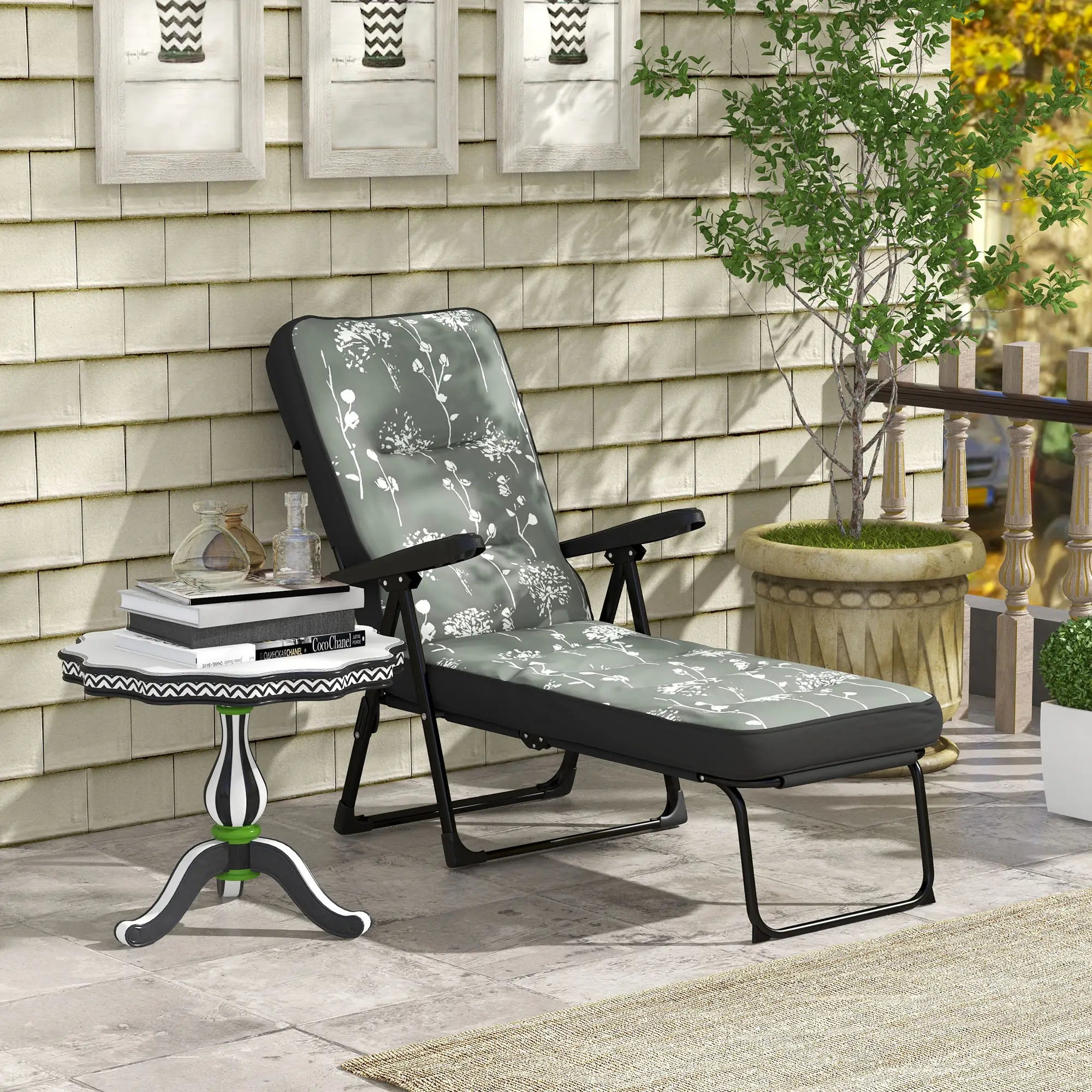 Outdoor Lounge Chair with Padded Cushion, Folding Reclining, Grey Lounger Chairs at Gallery Canada