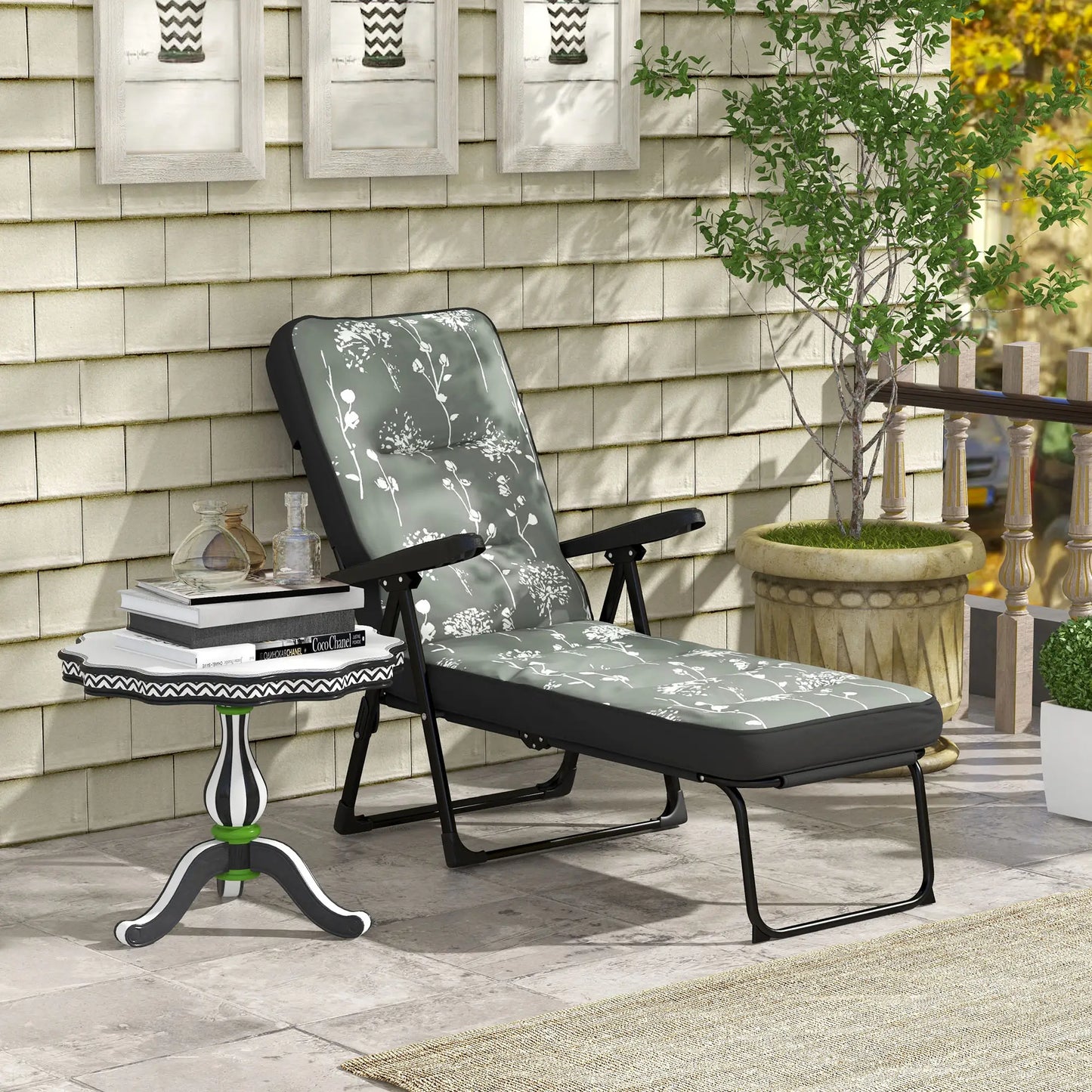 Outdoor Lounge Chair with Padded Cushion, Folding Reclining, Grey Lounger Chairs at Gallery Canada