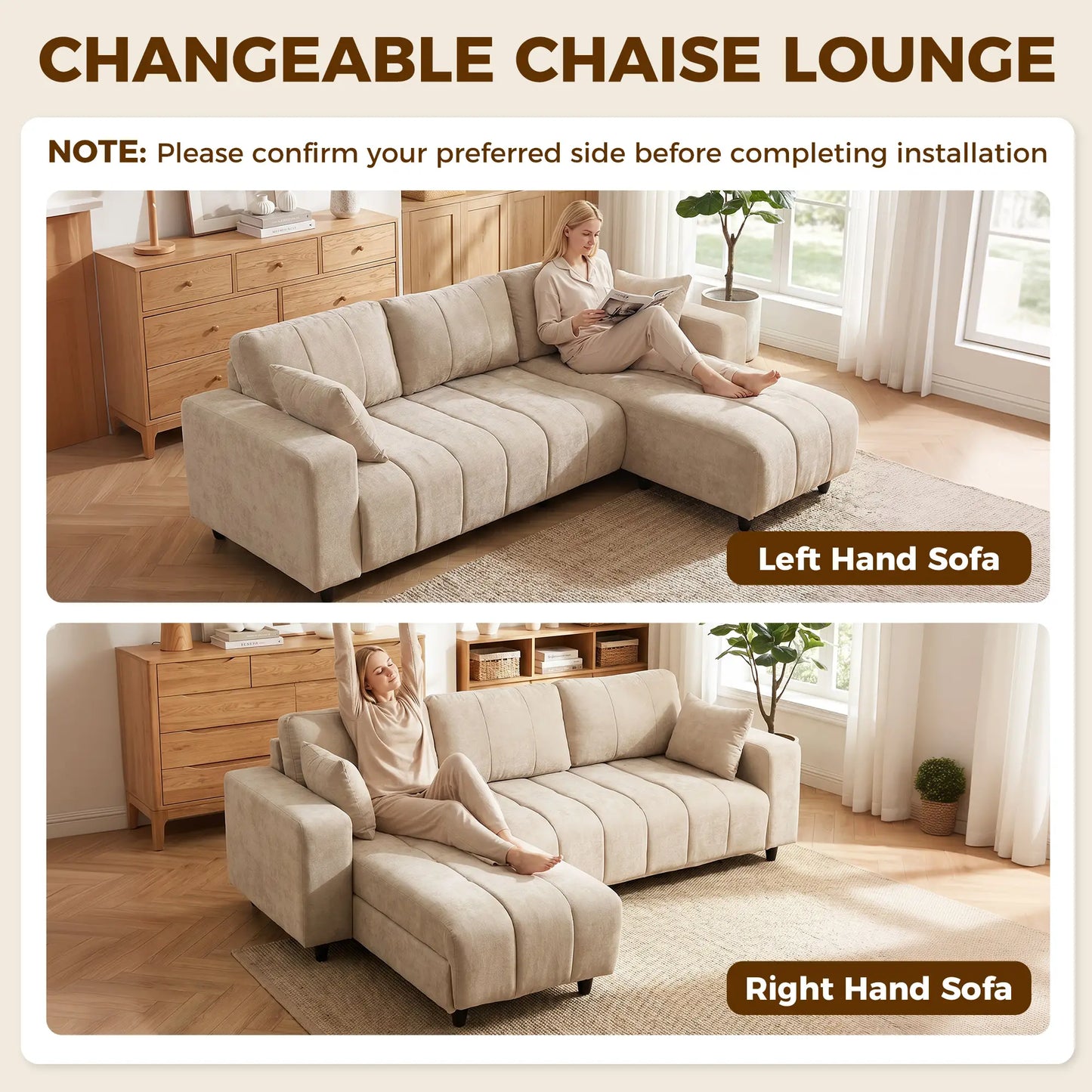 Canapé sectionnel en forme de L 3 places avec méridienne, coussin à ressorts, oreillers, beige