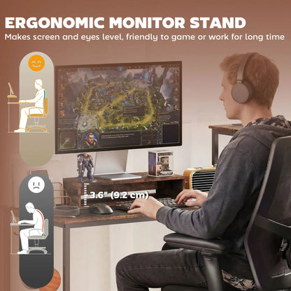 96 Inch Gaming Desk, Dual Computer Desk, Rustic Brown, Brown Gaming Desks at Gallery Canada