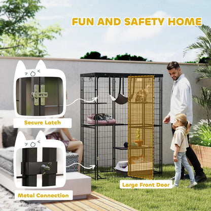 Metal Cat Cage, Waterproof Cover, 4 Platforms, Hammock, 46.5" x 22" x 62", Black Outdoor Cat Enclosures at Gallery Canada