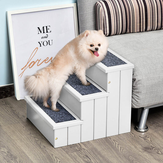 Pet Steps 3-Step Dog Stairs for Small Dogs Cats and Wooden Ramp with Storage Box Carpet Tread, White - Gallery Canada