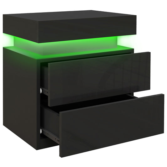 High Gloss Nightstand, Bedside Table with LED Lights and 2 Drawers for Bedroom, Living Room, Black - Gallery Canada