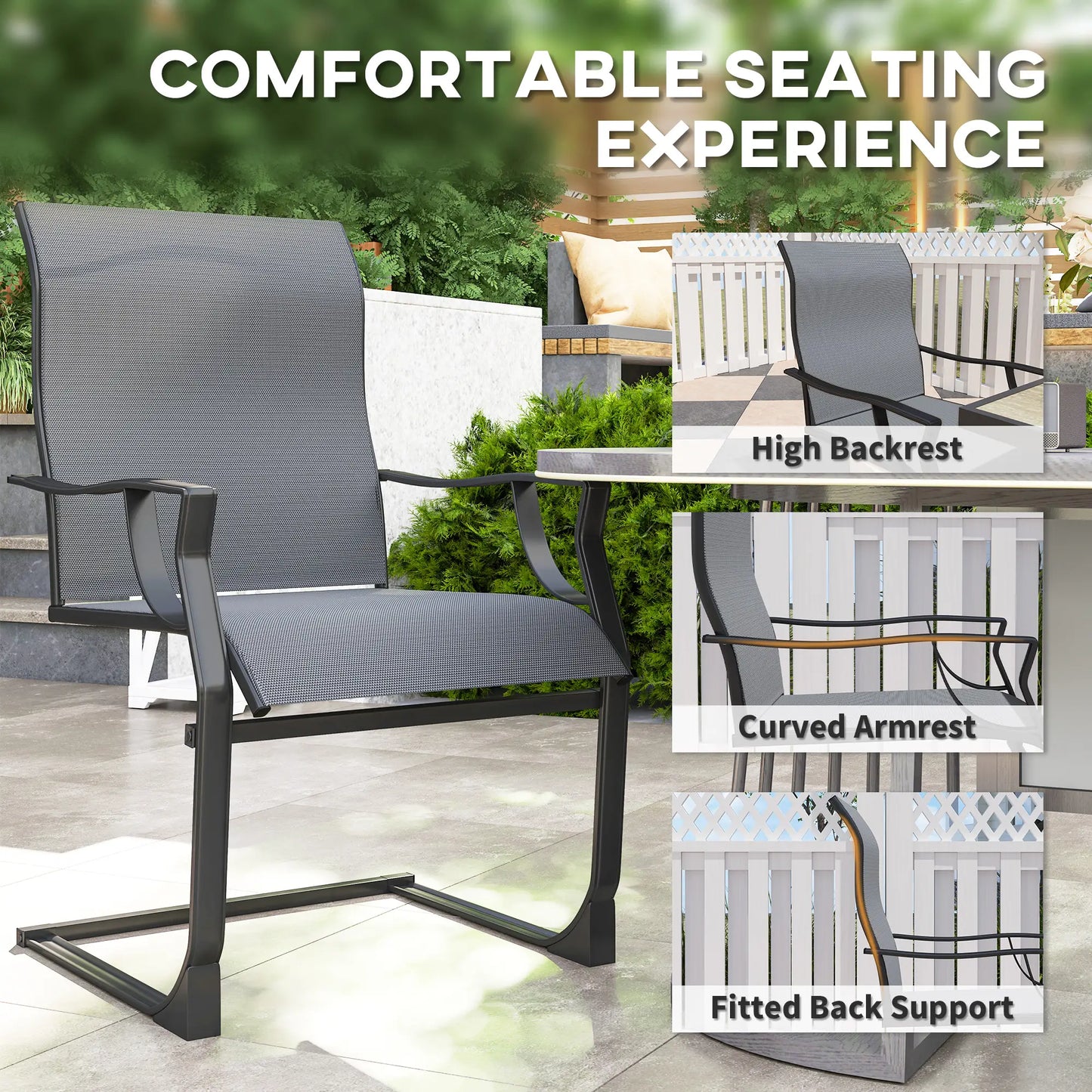 Spring Motion Patio Chairs Set Of 2, Curved High Backrest, All Weather Fabric, Metal Frame Outdoor Dining Sets at Gallery Canada
