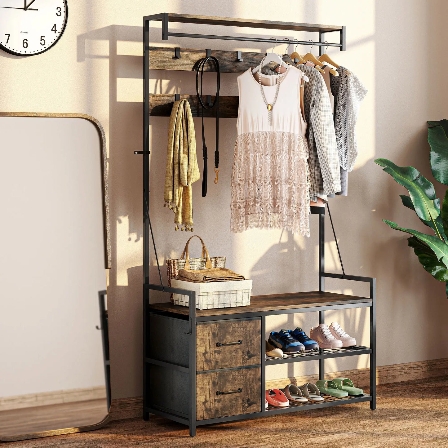 6-In-1 Hall Tree, Bench with Shoe Storage, 10 Hooks, 2 Fabric Drawers, Rustic Brown Clothing Storage at Gallery Canada
