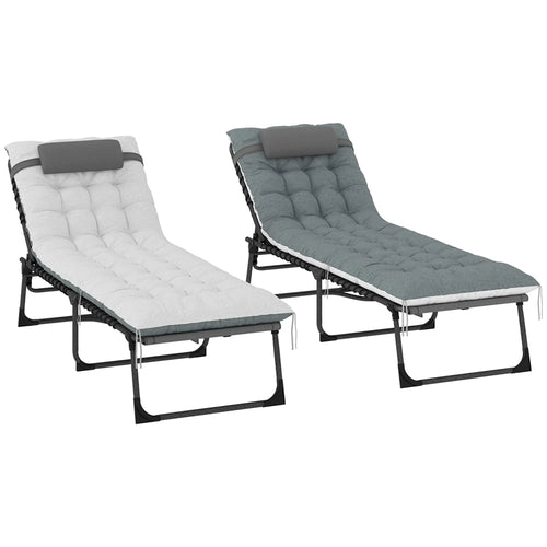 Folding Chaise Lounge Chair Set Of 2, With Cushion And Side Pocket, Grey