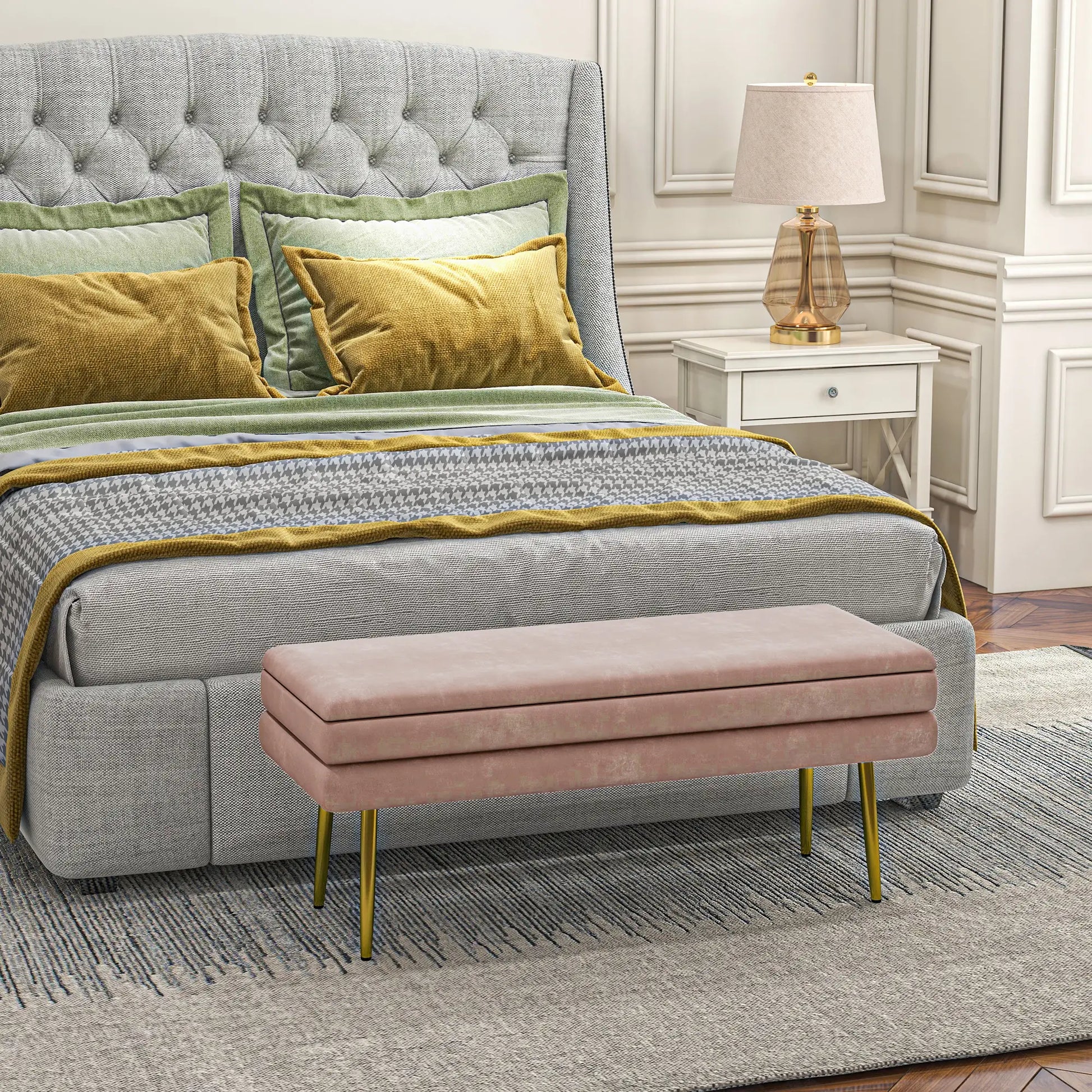 Velvet Upholstered Bench, Thick Padded Seat, Steel Legs, Pink Storage Ottomans & Benches at Gallery Canada