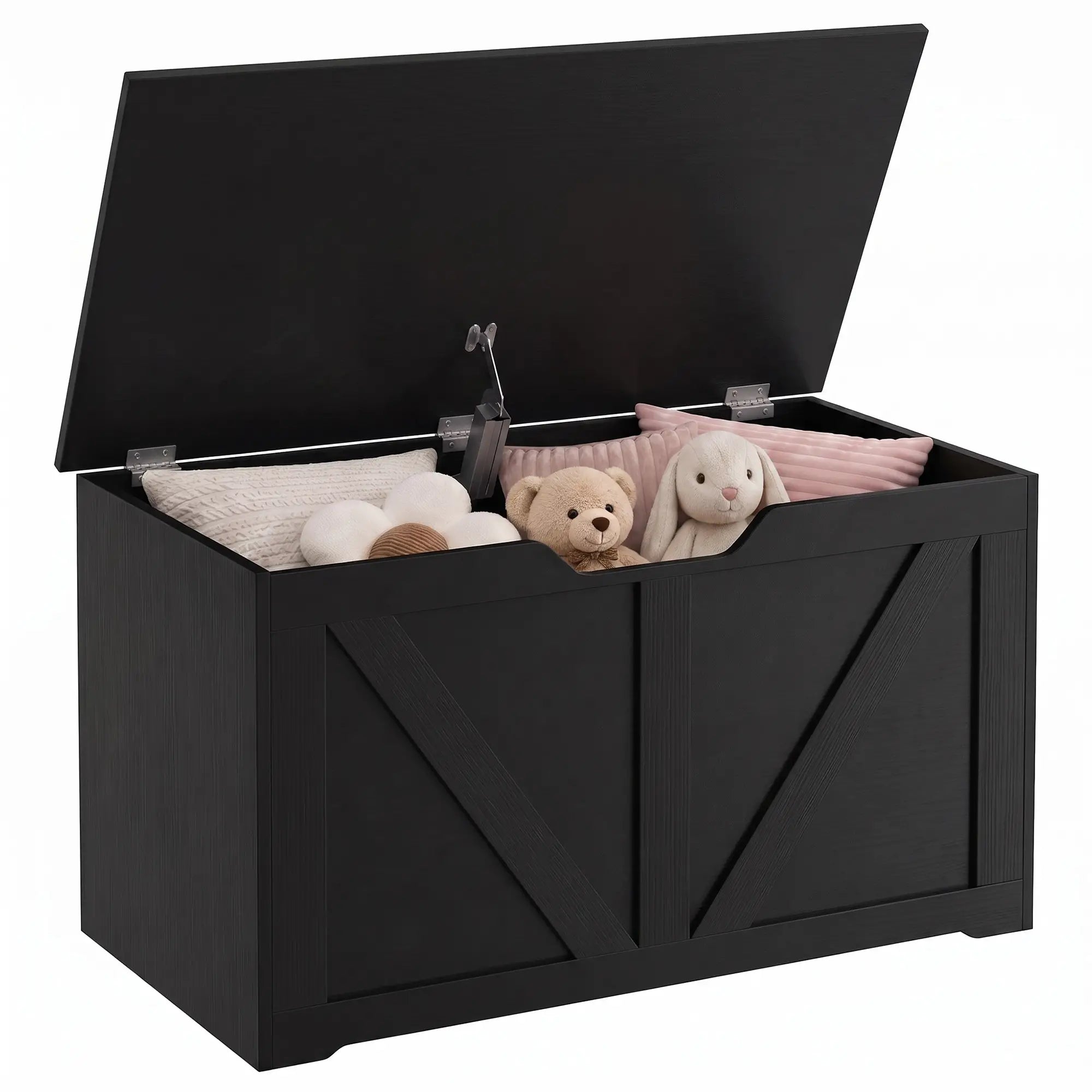 31.5 Inch Storage Chest Trunk with Safety Hinge, Black Wood Grain, Black Storage Ottomans & Benches Black Wood Grain at Gallery Canada