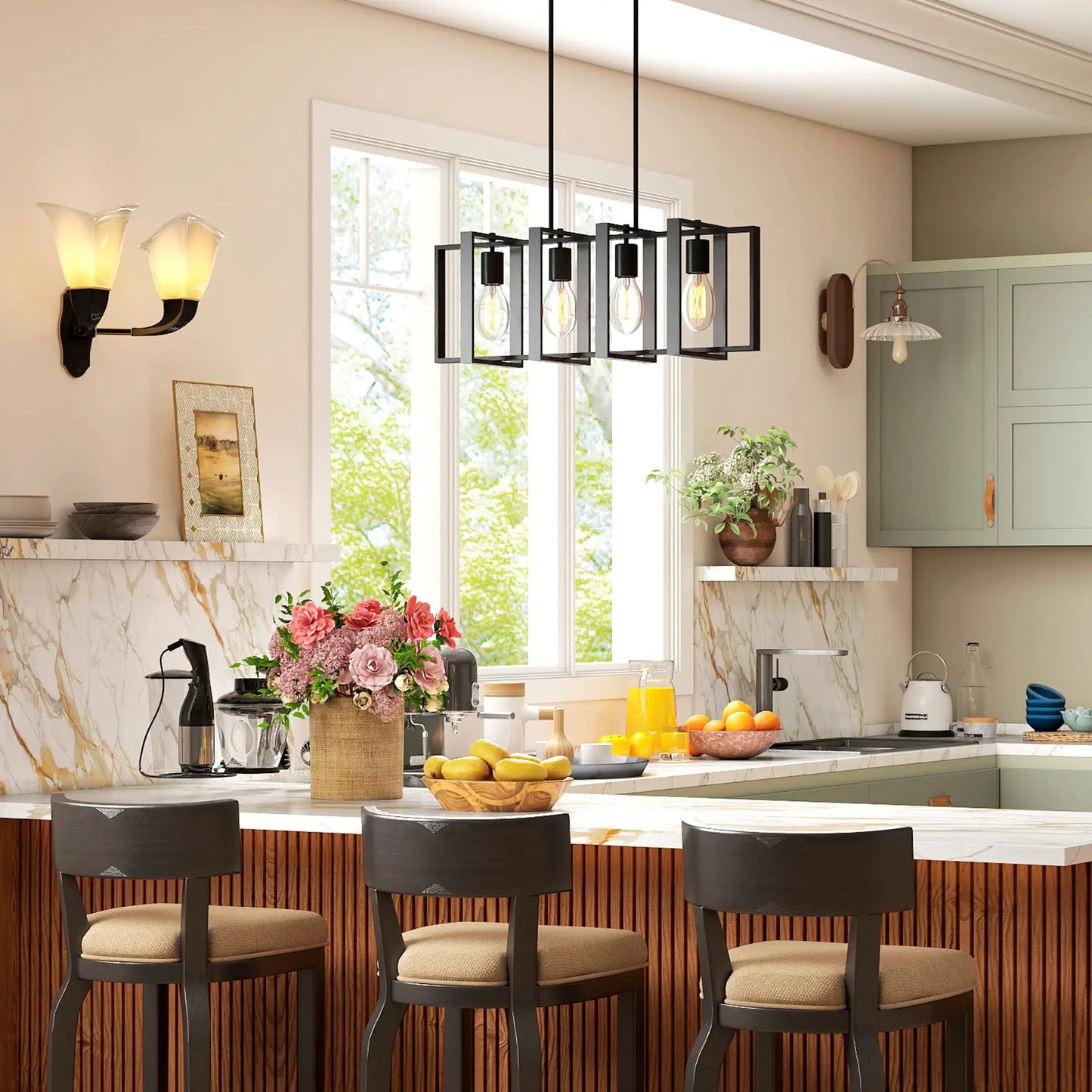 Farmhouse Kitchen Island Linear Pendant Light, 4 Rotatable Frames, Black Floor Lamps & Ceiling Fan Lights at Gallery Canada