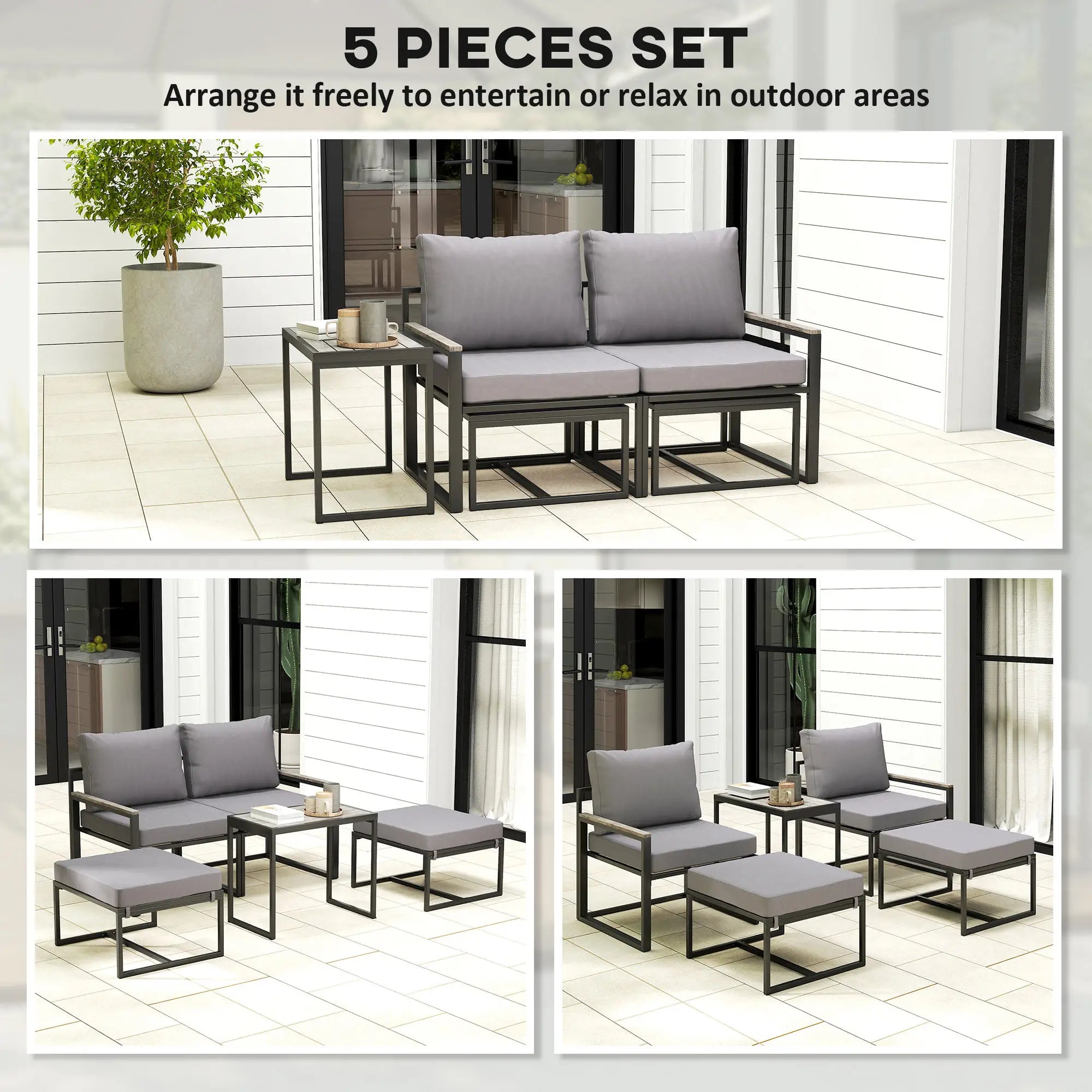 5-Piece Outdoor Patio Furniture Set, Small Sofa with Ottomans, Cushions, Grey Patio Furniture Sets at Gallery Canada