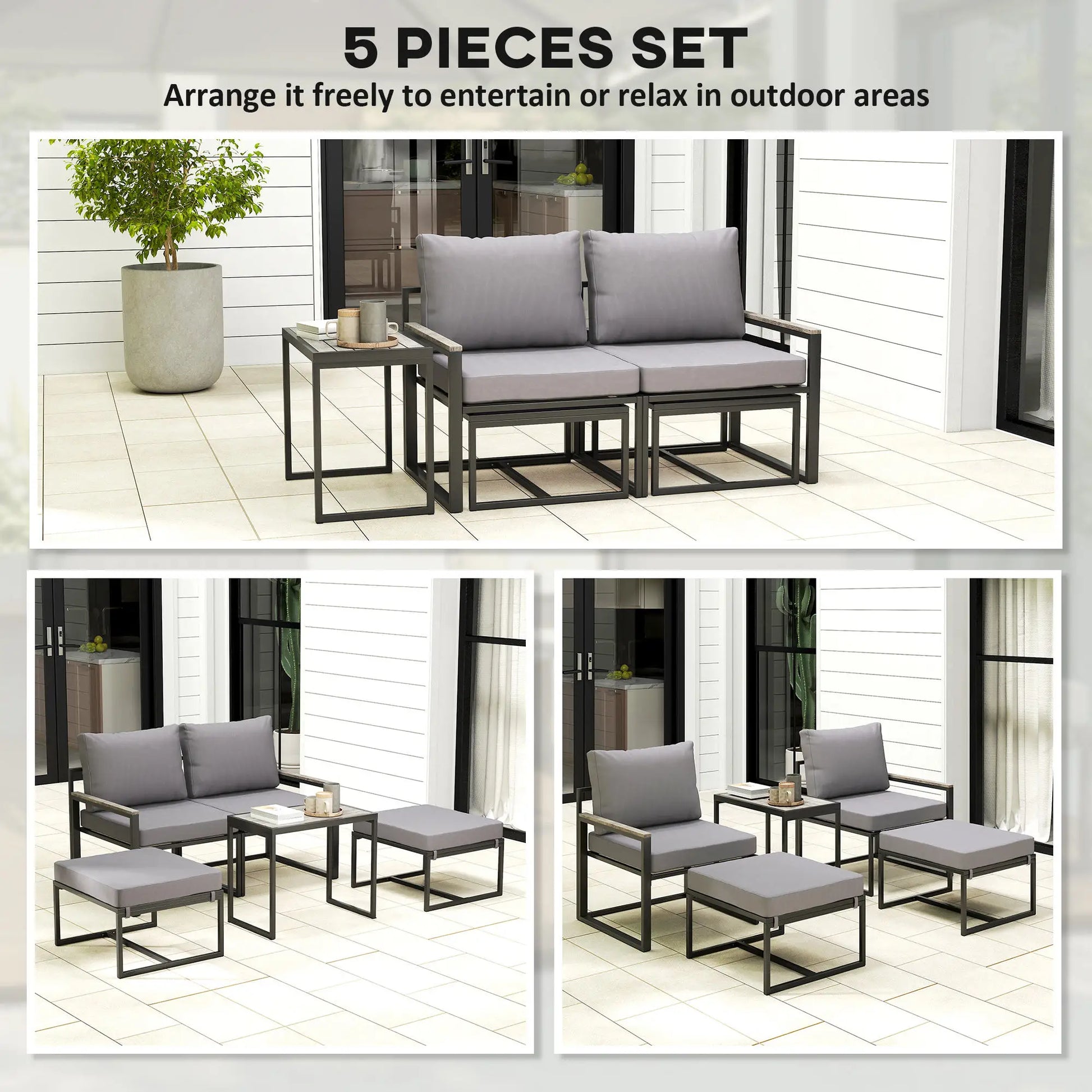 5-Piece Outdoor Patio Furniture Set, Small Sofa with Ottomans, Cushions, Grey Patio Furniture Sets at Gallery Canada