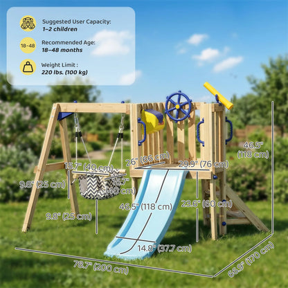 Wooden Kids Swing Set With Slide, Swing Seat, Captain's Wheel, Telescope, Natural Gym Sets & Swings at Gallery Canada