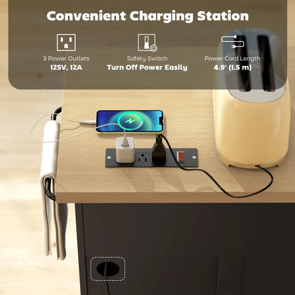 Farmhouse Kitchen Island Cart with Power Outlet, 49 Inch, Black Kitchen Islands & Kitchen Carts at Gallery Canada