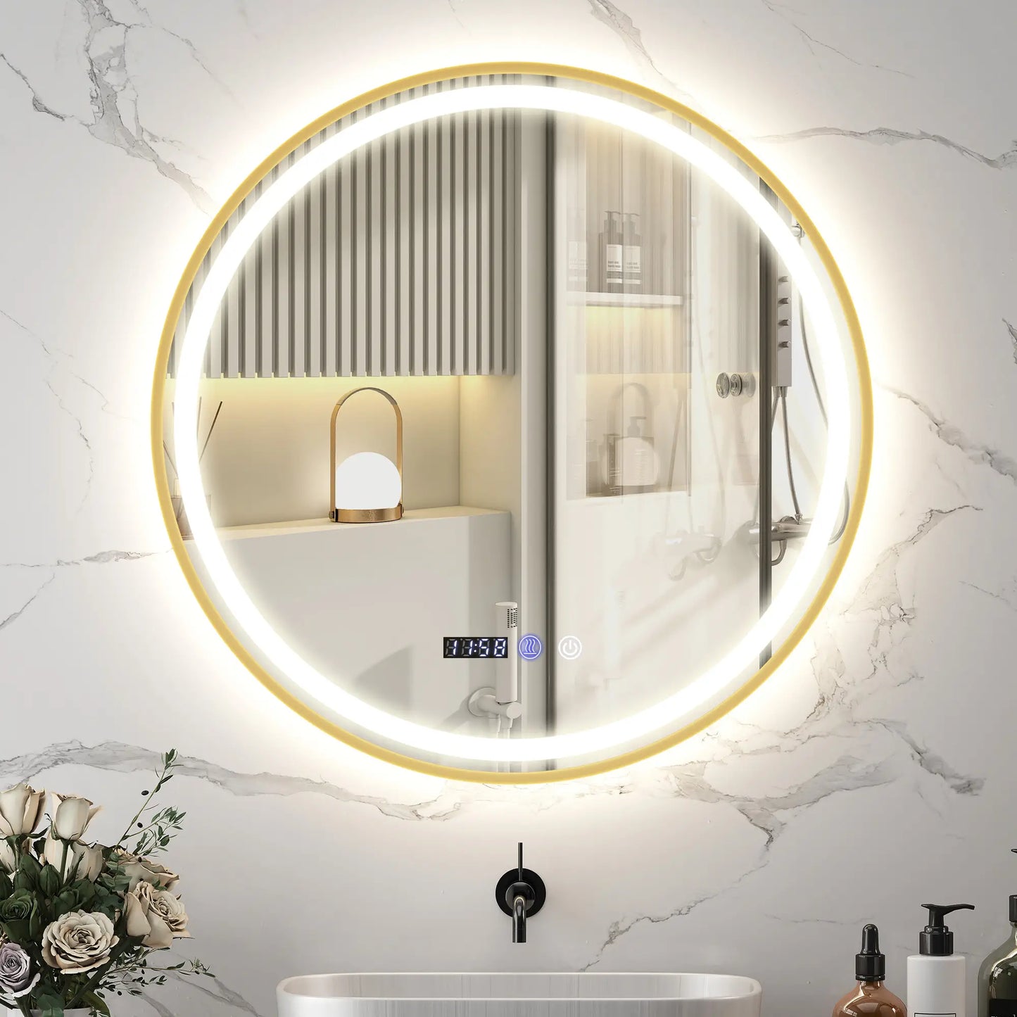 24" Round LED Bathroom Mirror, Anti-Fog, Time Temp Display, Gold Wall Mirrors at Gallery Canada