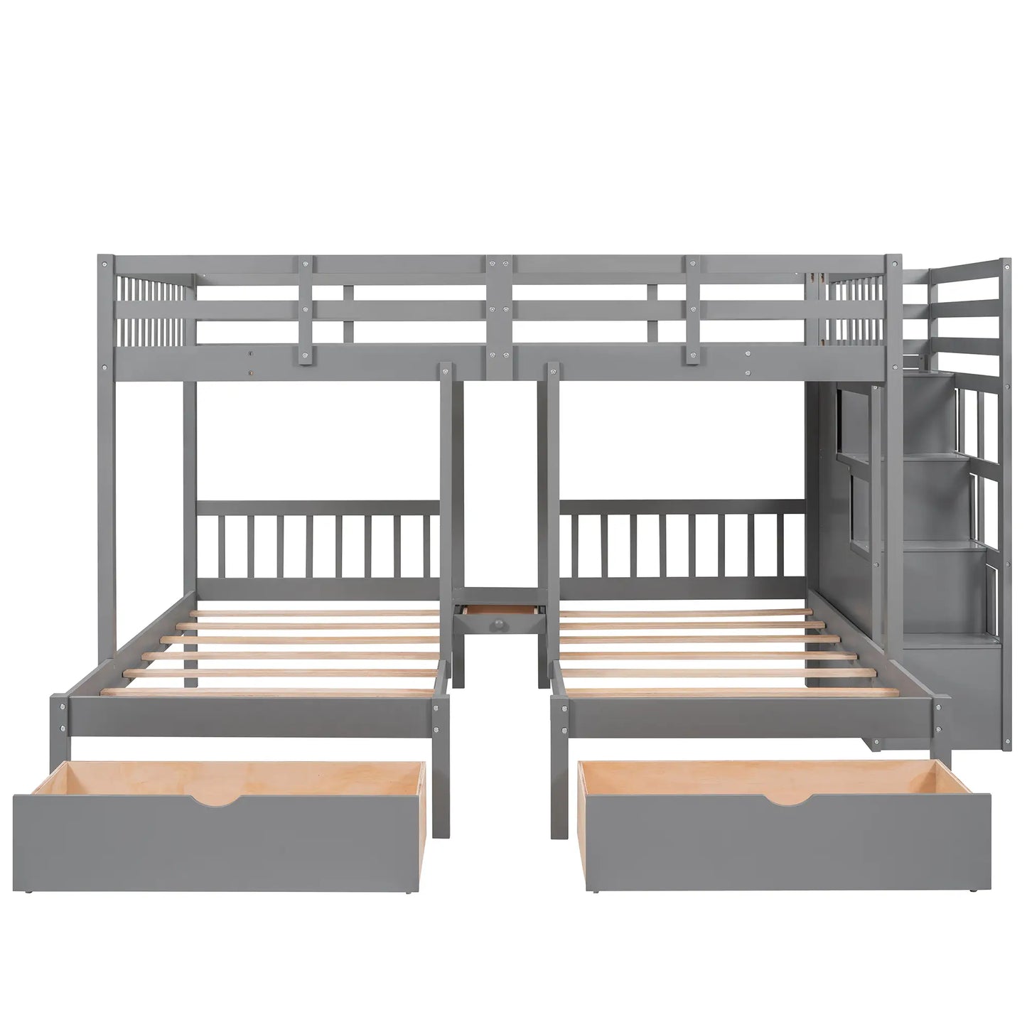 Twin Over Full Bunk Bed with Drawers, Guardrails, Pine Frame, 115" L x 76" W x 64.5" H, Grey Bed Frames Grey at Gallery Canada