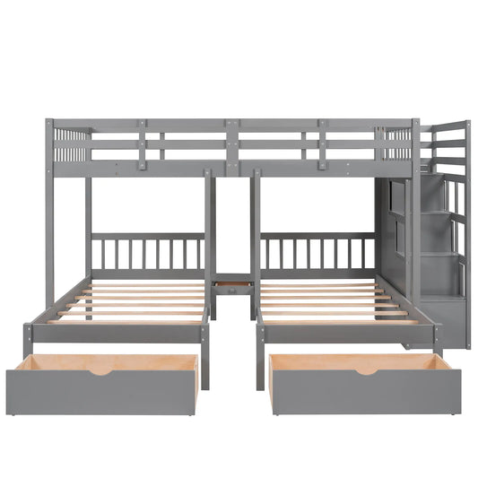 Twin Over Full Bunk Bed with Drawers, Guardrails, Pine Frame, 115" L x 76" W x 64.5" H, Grey Bed Frames Grey at Gallery Canada