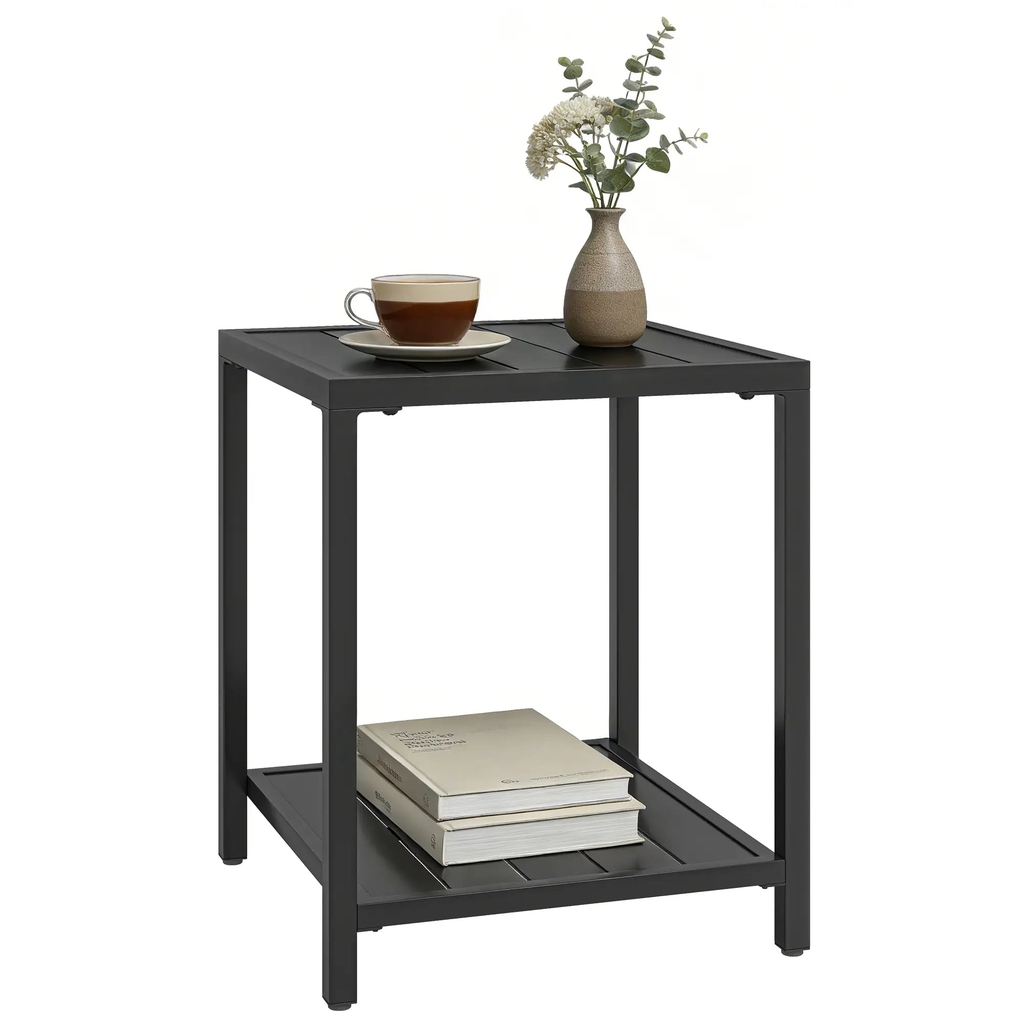 Outdoor Coffee Table, 2-Tier With Storage Shelf, Adjustable Feet, Black Patio Side Tables at Gallery Canada