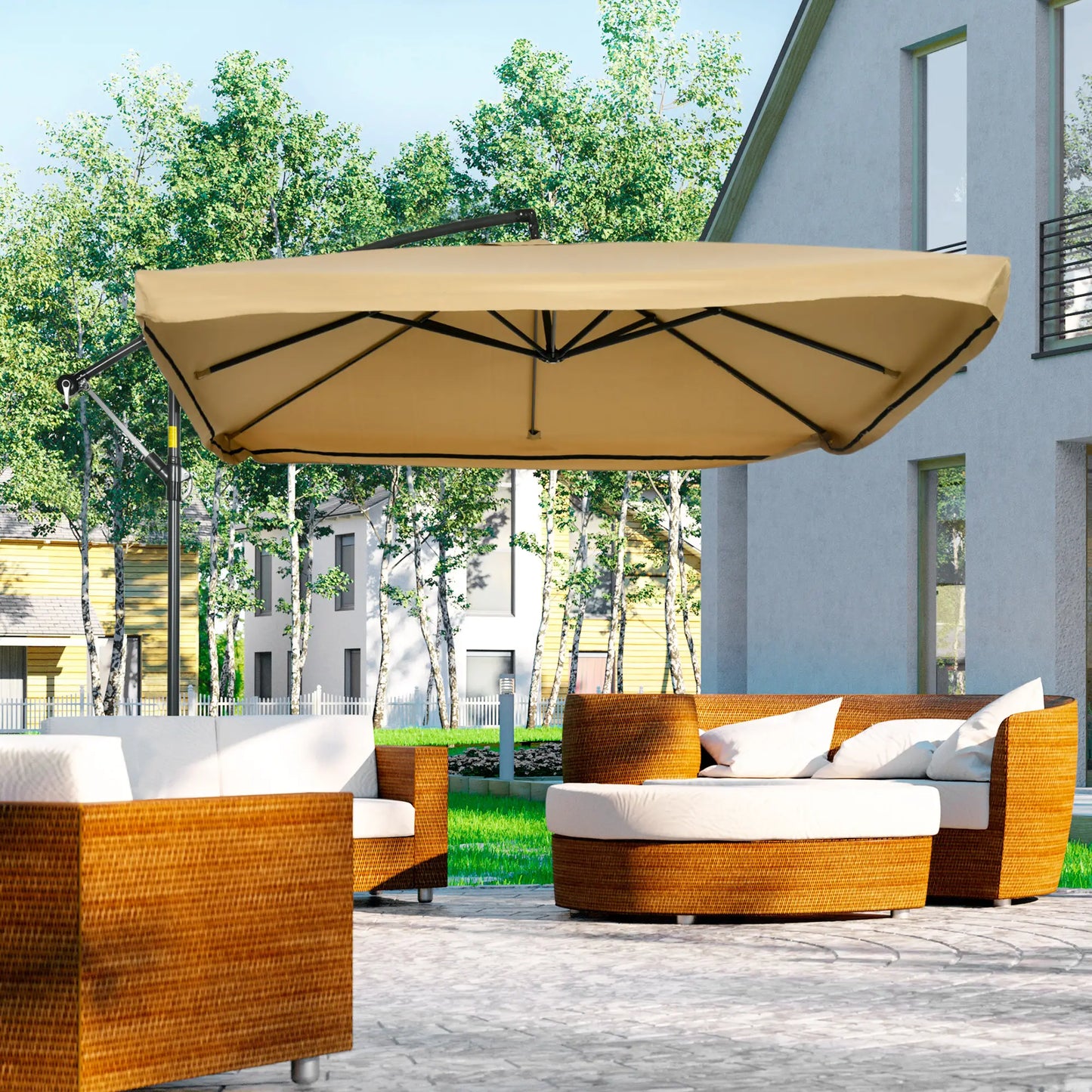 Offset Patio Umbrella with Net, Adjustable Canopy, Beige Cantilever Umbrellas at Gallery Canada