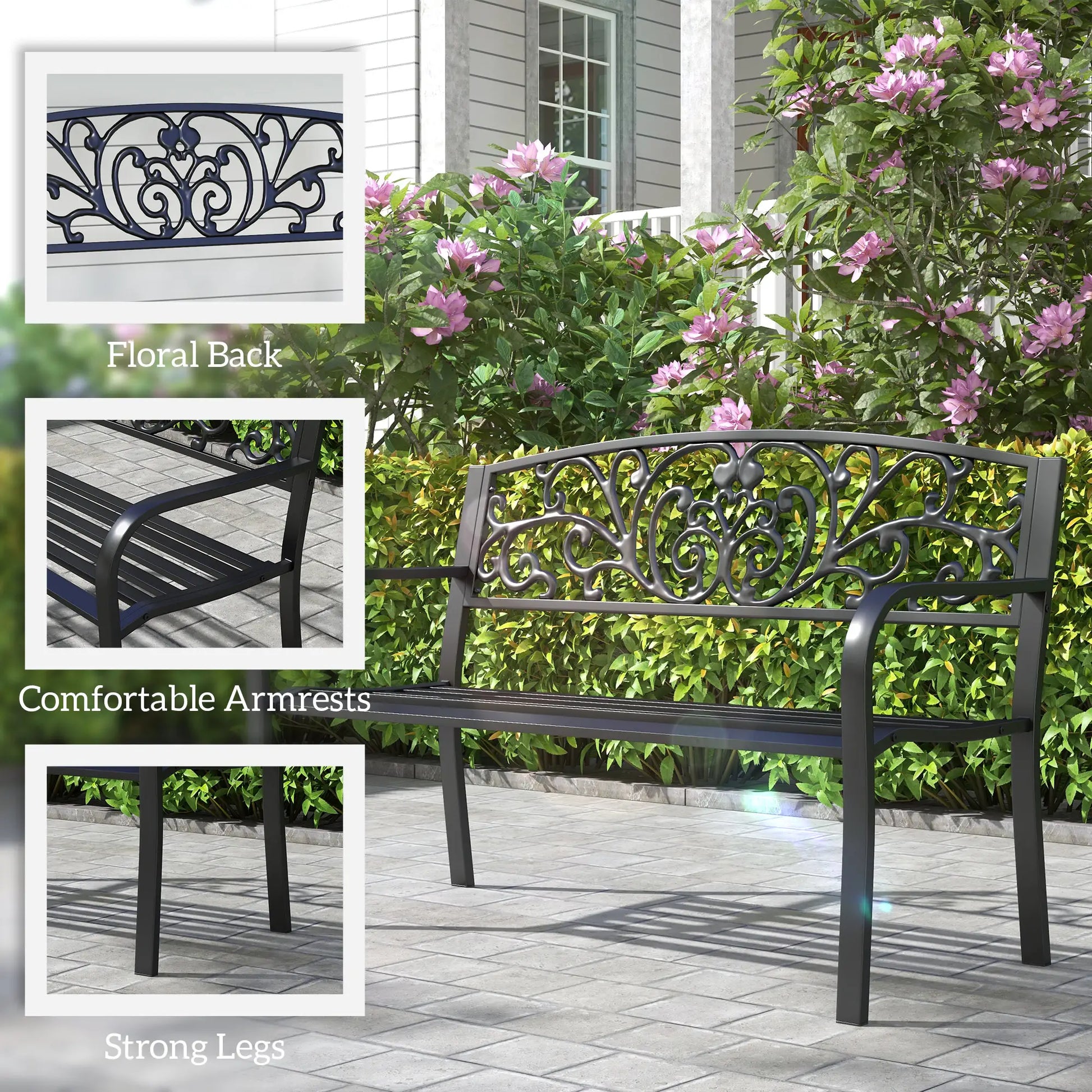 50 2-Seater Garden Bench, Outdoor Blossoming Pattern, Black Outdoor Benches at Gallery Canada