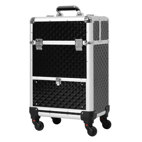 Portable Aluminum Makeup Train Case, Rolling Cosmetic Organizer, 4 Wheels, Black