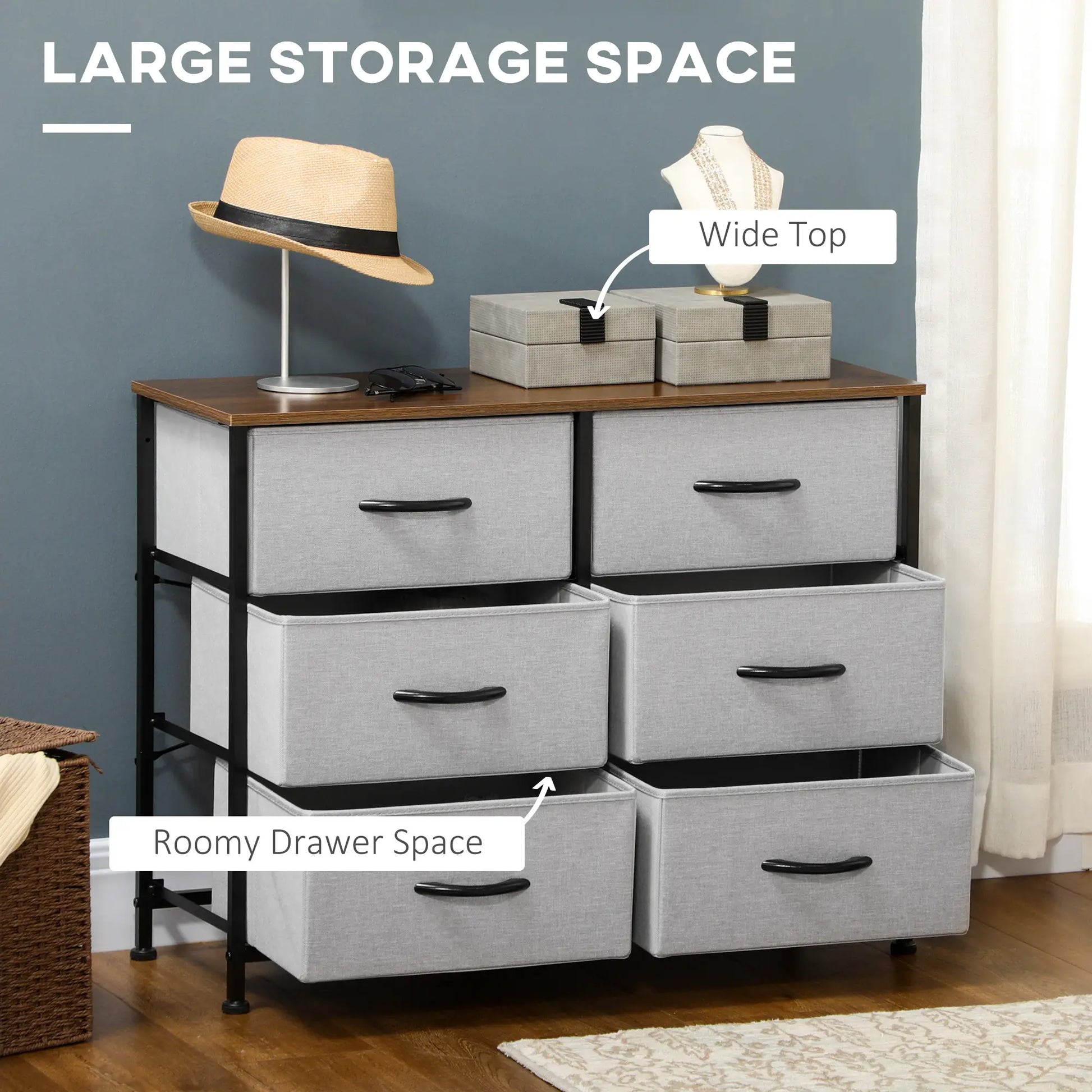 6 Drawer Dresser, Fabric Chest, Steel Frame, Wood Grain Top, Grey Storage Cabinets at Gallery Canada