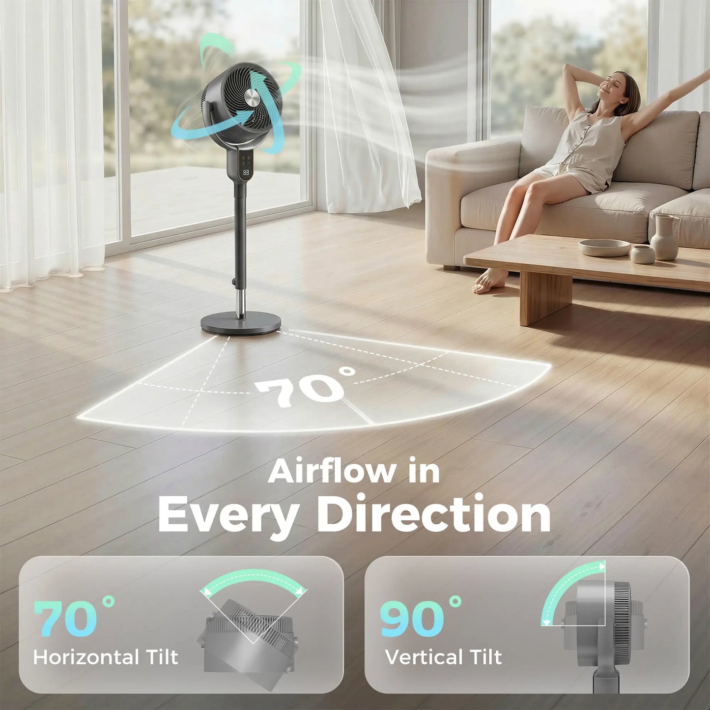20dB Standing Fan for Bedroom, 70°+90° Auto Oscillating Fan with 8 Speeds, Remote Control, 12H Timer, Adjustable Height Stand Fans at Gallery Canada