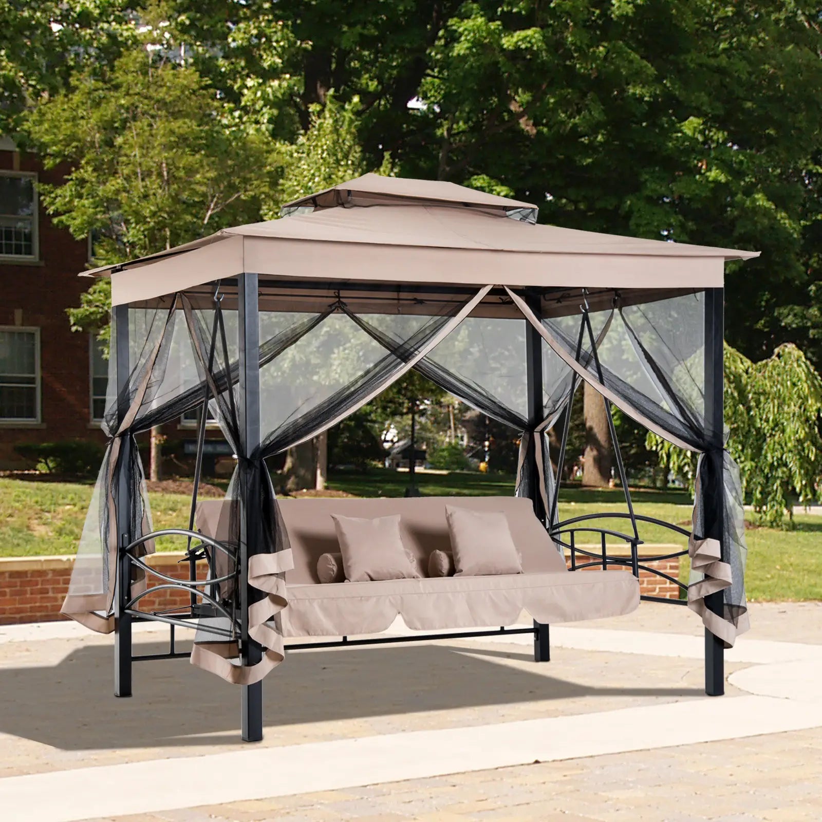 3 Person Outdoor Daybed, Canopy Gazebo Swing Chair, Mesh Mosquito Net, Sun Shade, Beige Porch Swings with Canopy at Gallery Canada