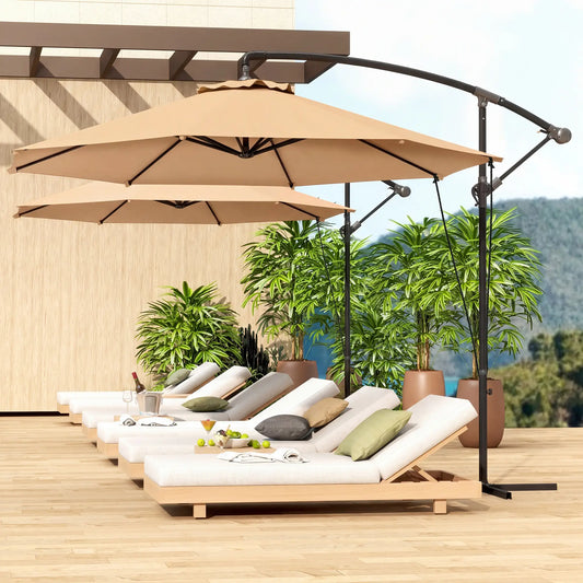 9.5' Cantilever Umbrella With Wind Strap, Cover, Crank, Cross Base, Khaki Offset Cantilever Umbrellas Khaki at Gallery Canada