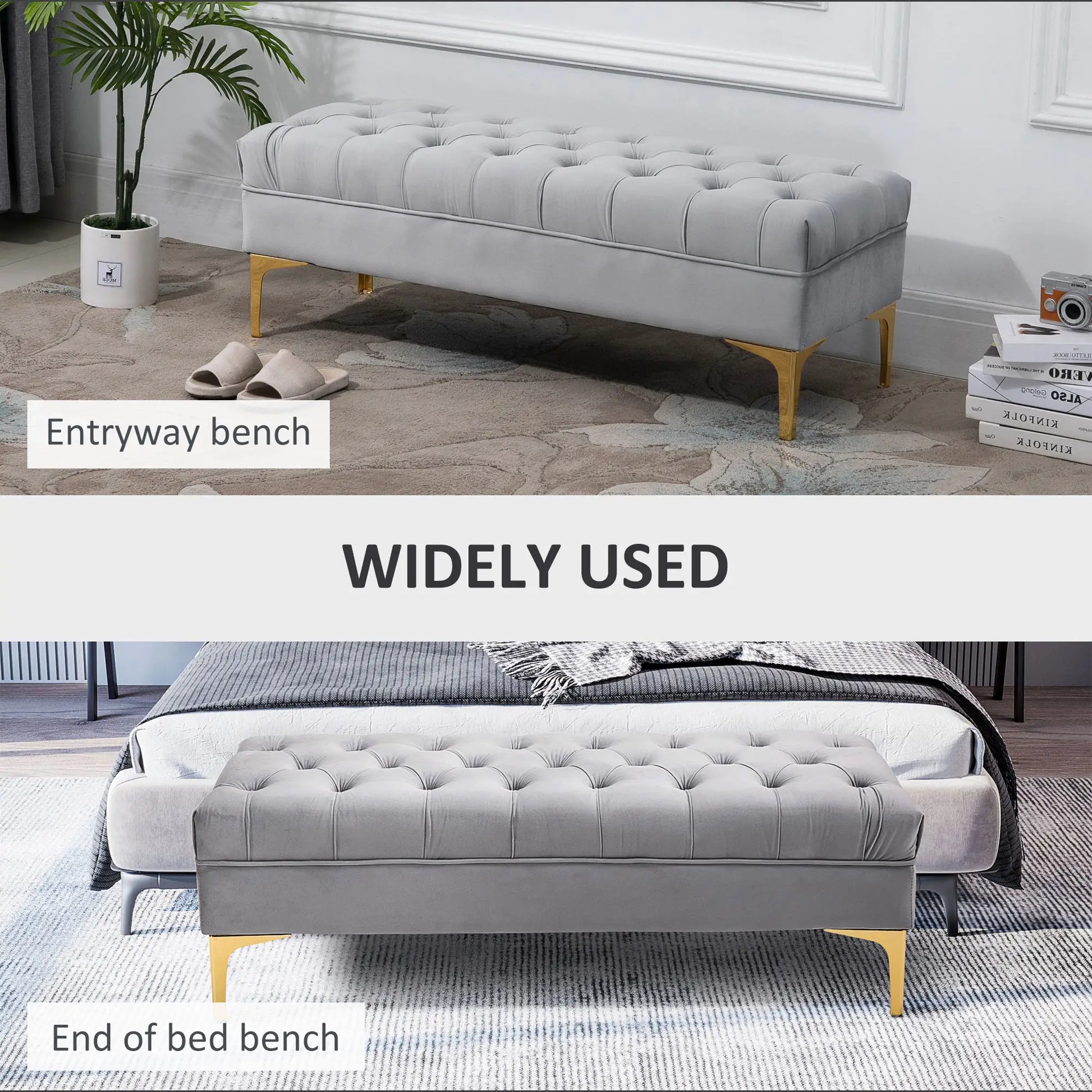 Upholstered End of Bed Bench, Button Tufted, Grey Storage Ottomans & Benches at Gallery Canada