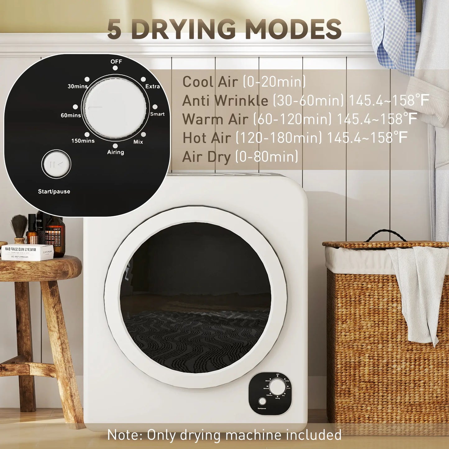 Compact Laundry Dryer, 1300W Portable, Stainless Steel Tub, White Dryer Machines at Gallery Canada
